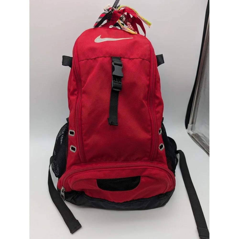 Nike Red Black Athletic Double Play Backpack Sport Travel Bag Front Buckle Strap